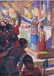 Der Junge Joasch wird zum König gekrönt, aus Das Bibelbilderbuch veröffentlicht von Thomas Nelson, ca. 1950